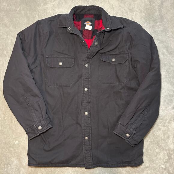 Dickies Jacket Sz M Faded Black Red Flannel Plaid Lined Snap Up Work Chore Coat - Picture 1 of 13